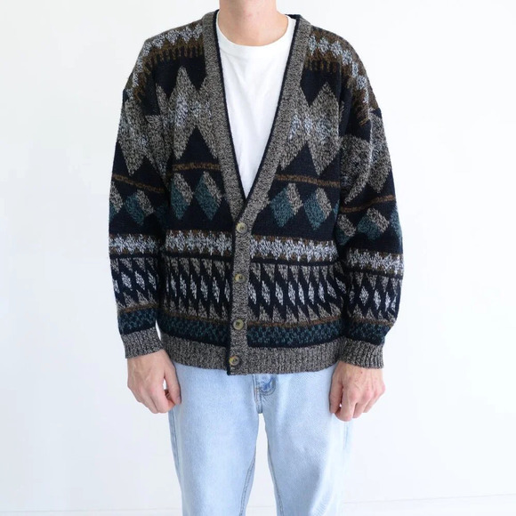 Vintage City Streets Black Brown 3D Pattern Eclectic Grandpa Cardigan Sweater L - Picture 1 of 11